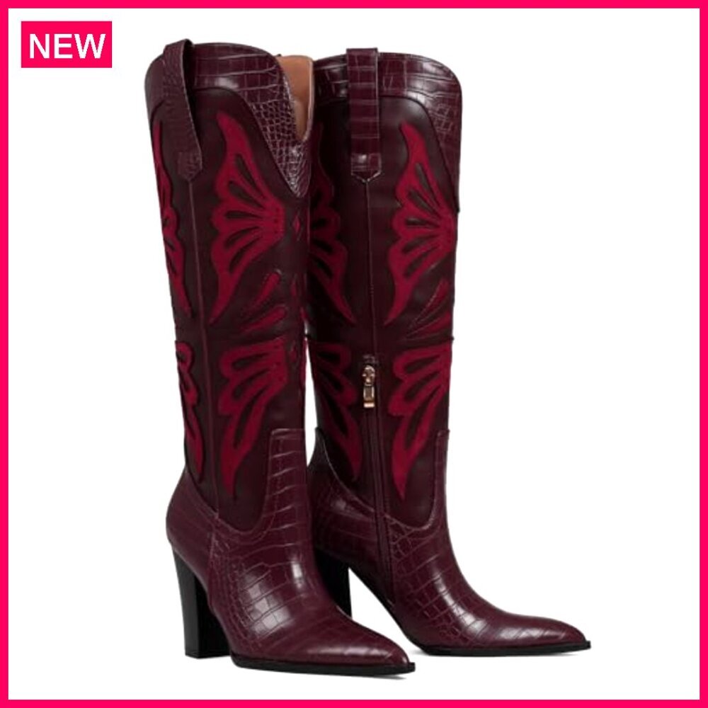 Pointed Toe Knee High Cowboy Boots with Chunky Heel and Side Zipper - Picture 4 of 7